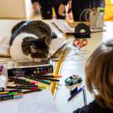 Prima di salutare i piccoli, facciamo la conoscenza con la mascotte di Villacolle: assopita fra fogli e colori c�� infatti Tita, una gatta bianca e grigia che, nonostante le chiacchiere dei bimbi e i rumori di fondo, si riposa sui banchi come una piccola sfinge